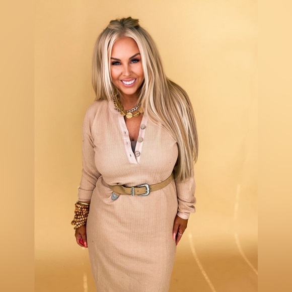 New Hem & Thread Midi Dress in Taupe Size Large - Picture 2 of 5